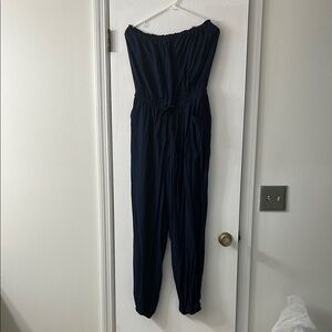 Chic Navy Blue Jumpsuit with Blouson Waist and Jogger Legs